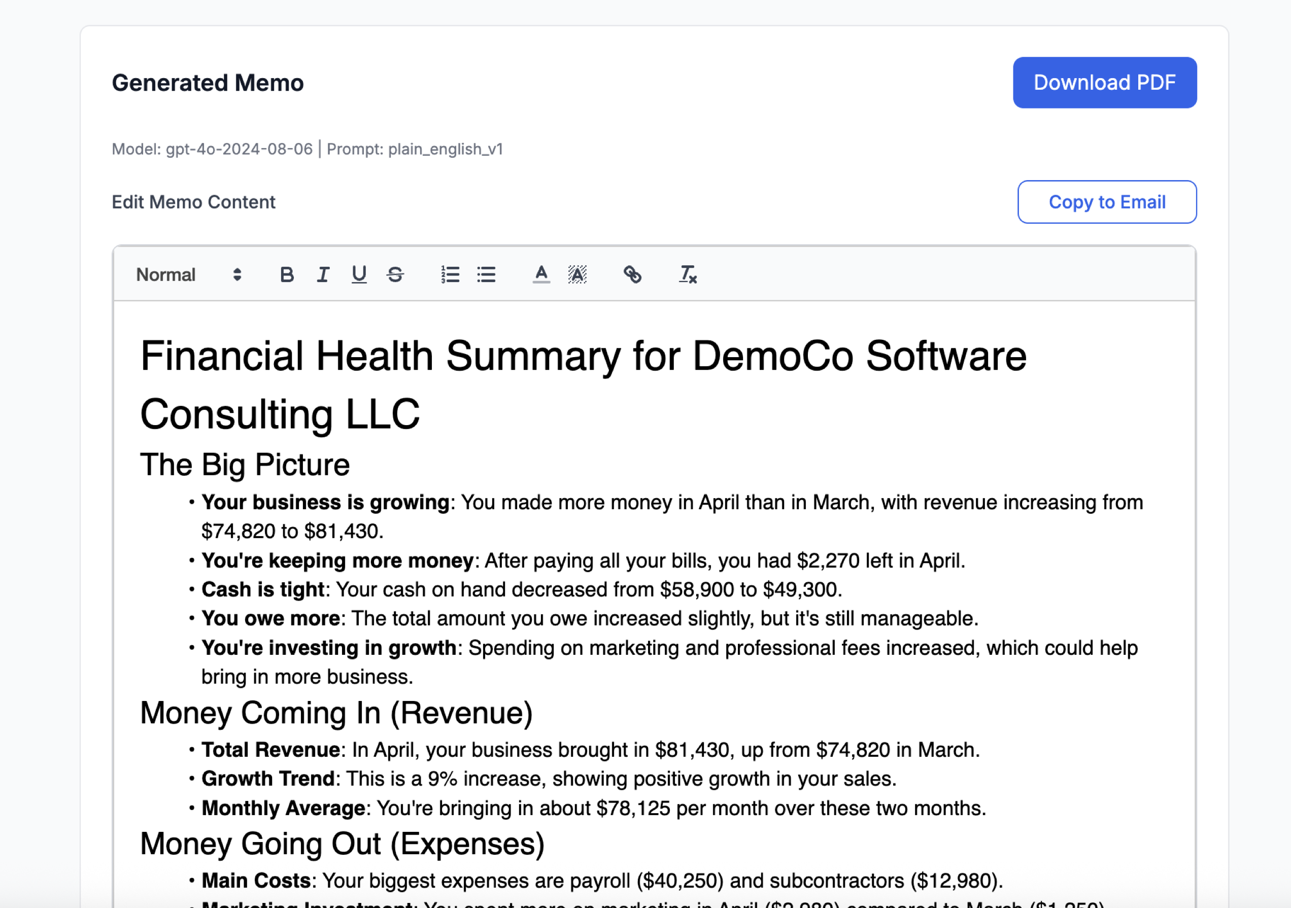 Generated Memo page showing an editor, Download PDF, and Copy to Email actions