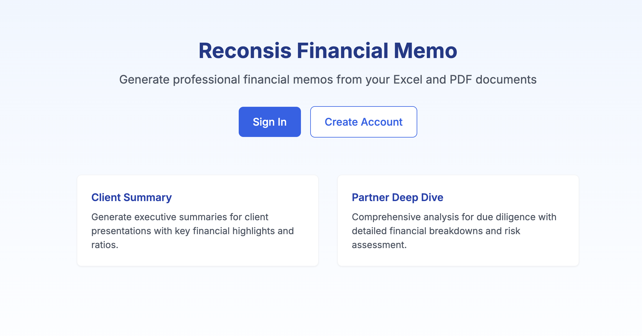 Reconsis Financial Memo landing screen with Sign In and Create Account, plus Client Summary and Partner Deep Dive modes