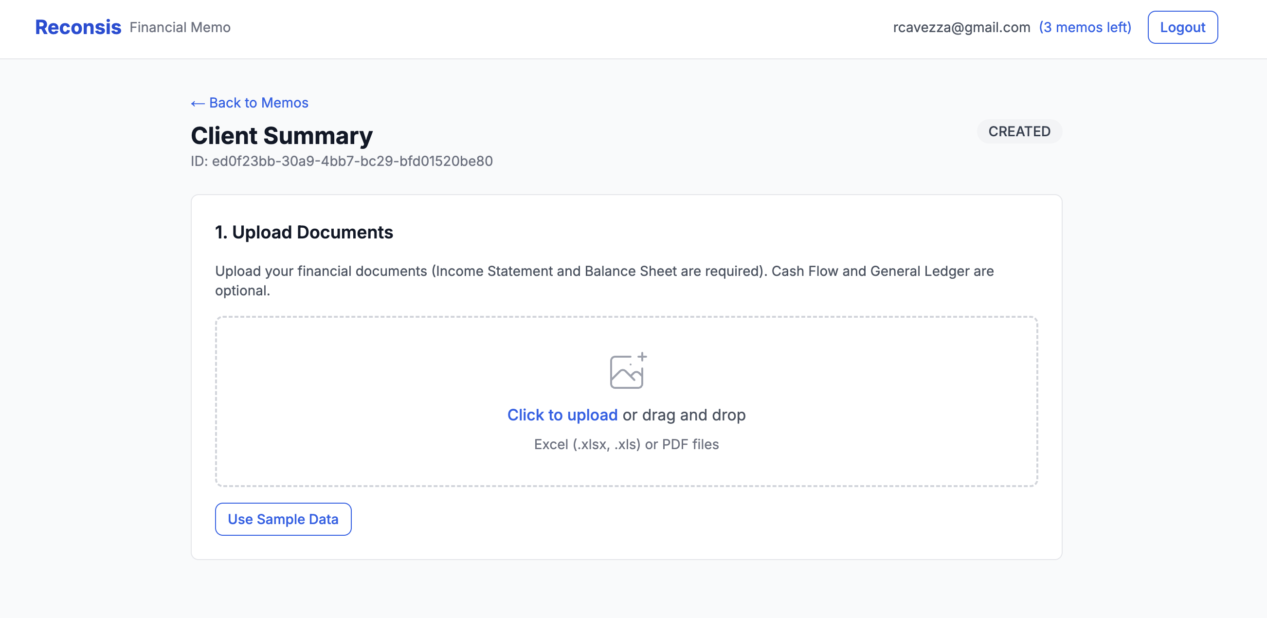 New memo screen showing upload area and sample data option
